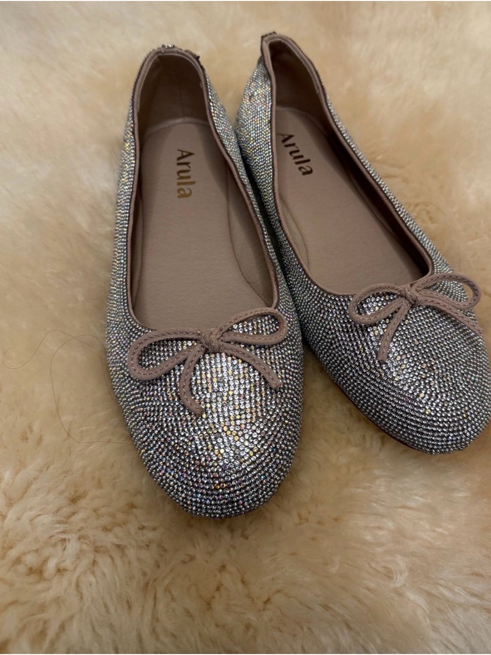 ARULA Silver Crystal Embellished Ballet Flats with Taupe Trim 8W 8 Wide